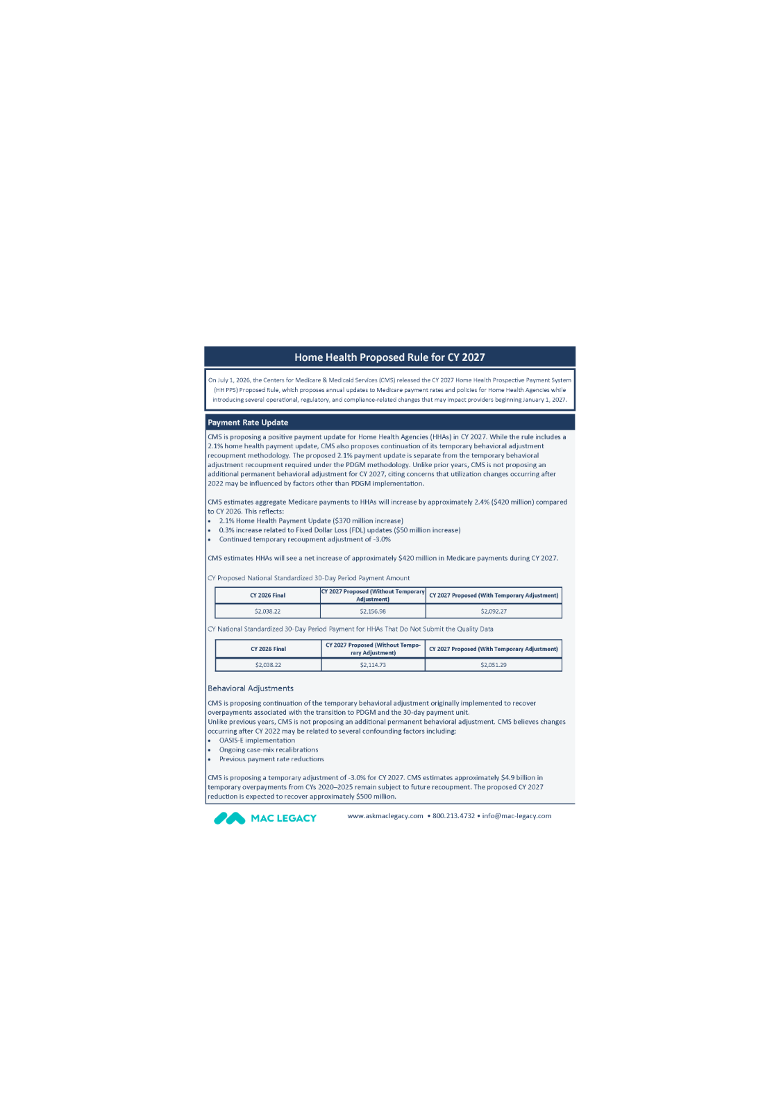 CY 2027 Home Health Proposed Rule Cheat Sheet