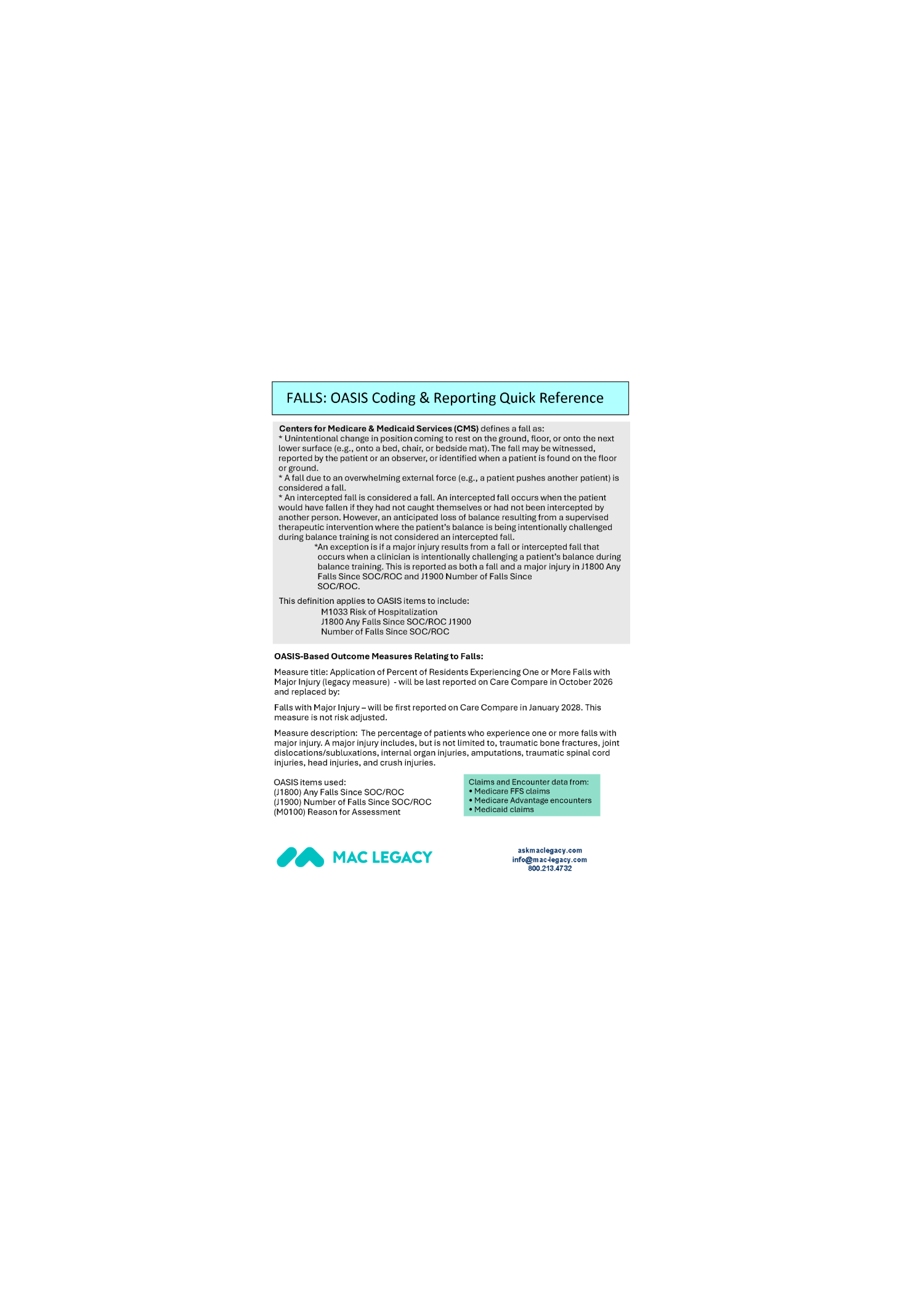 FALLS: OASIS Coding & Reporting Quick Reference Cheat Sheet